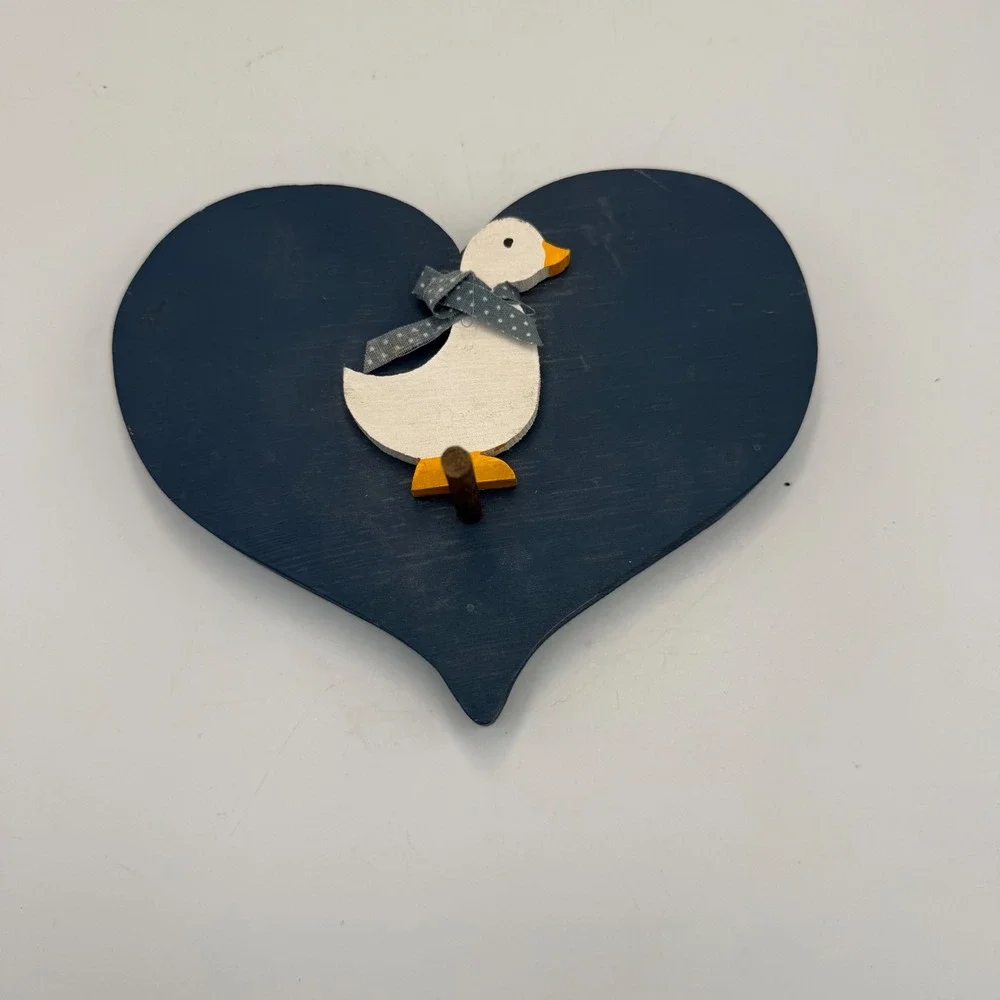 Vintage Wooden Heart Goose Wall Hook Navy Blue White Country Farmhouse Decor